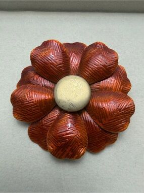 Vintage Amber Red/ Copper brown Flower Brooch with Gold-Tone Center